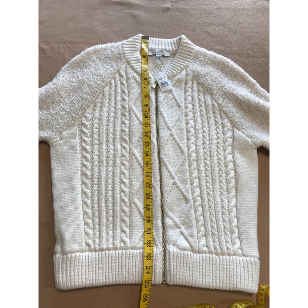 Loft Womens Ivory Cable Knit Popcorn Sleeve Zip Front Cardigan Sweater Large NWT - Picture 4 of 8